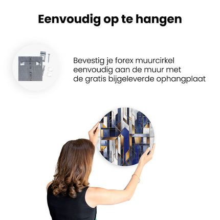 Wandcirkel ophangen Blauw en Goud Geometrisch Patroon op een Witte Achtergrond