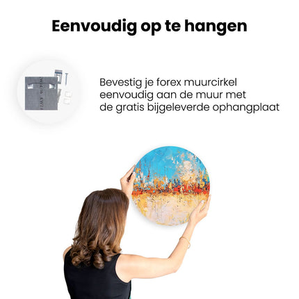 Wandcirkel ophangen Abstract Kunstwerk in Blauw, Oranje en Geel