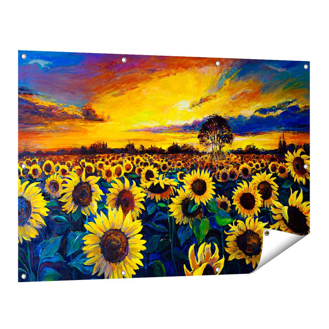 Tuinposter vooraanzicht Getekende Zonnebloemen Veld Met Olieverf