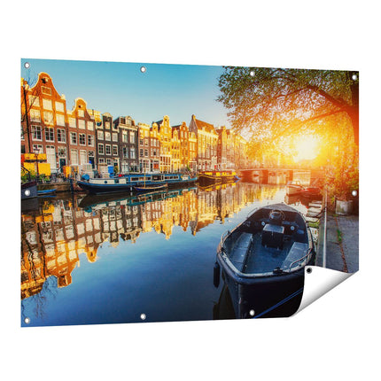 Tuinposter vooraanzicht Amsterdamse Gracht Bij Zonsondergang