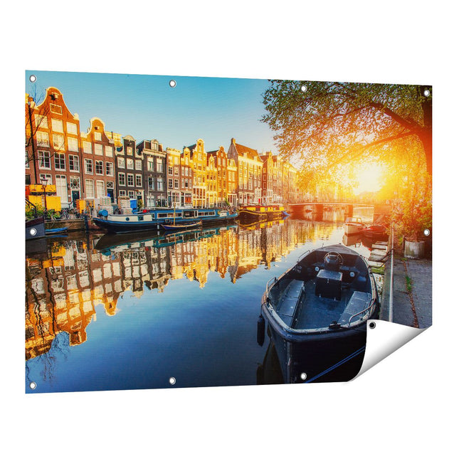 Tuinposter vooraanzicht Amsterdamse Gracht Bij Zonsondergang