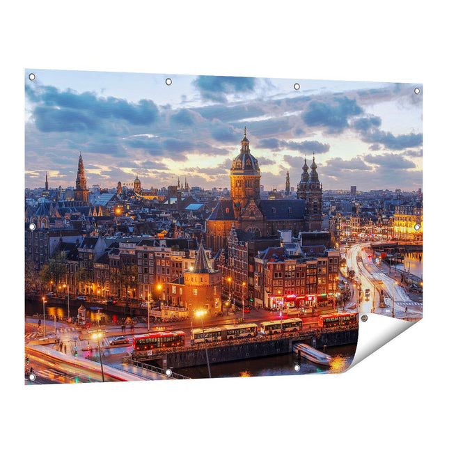 Tuinposter vooraanzicht Amsterdam Centrum Luchtfoto Zonsondergang