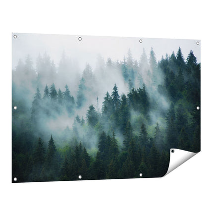 Tuinposter vooraanzicht Bos Met Bomen In De Mist