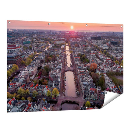 Tuinposter vooraanzicht Bovenaanzicht Amsterdam Met Zonsondergang