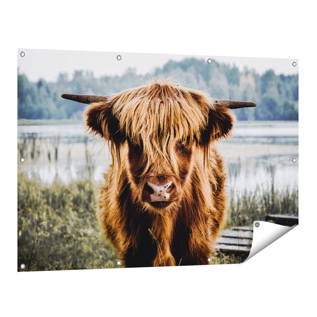 Tuinposter vooraanzicht Schotse Hooglander Koeienkop Bij Een Meer