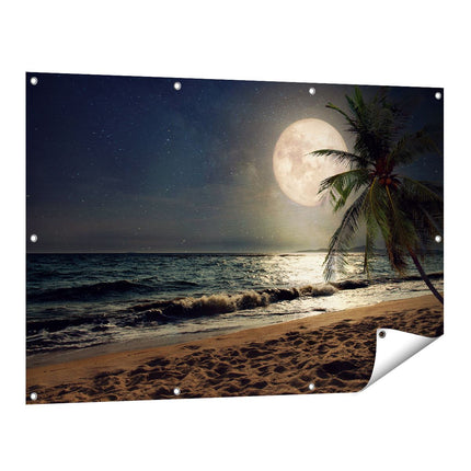 Tuinposter vooraanzicht Tropisch Strand In De Nacht Met Volle Maan