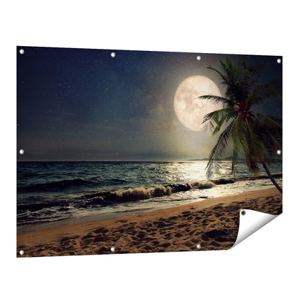 Tuinposter vooraanzicht Tropisch Strand In De Nacht Met Volle Maan