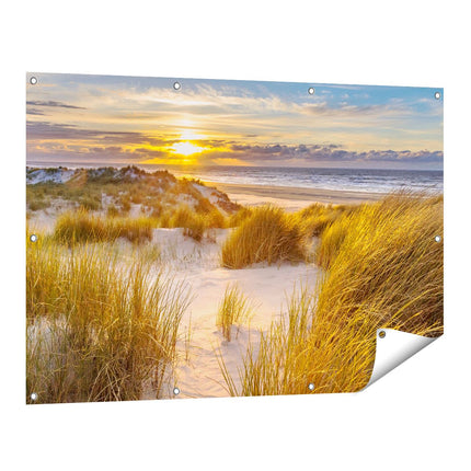 Tuinposter vooraanzicht Strand En Duinen Tijdens Zonsondergang