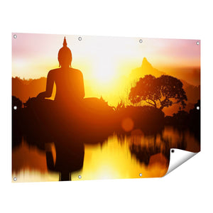 Tuinposter vooraanzicht Silhouet Van Boeddha Beeld Met Zonsondergang