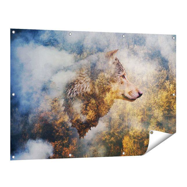 Tuinposter vooraanzicht Wolvenkop Op Een Herfstbos - Wolf - Abstract