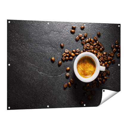 Tuinposter vooraanzicht Kopje Koffie Met Koffiebonen