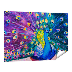 Tuinposter vooraanzicht Pauw Met Kleurrijke Veren Van Olieverf - Abstract