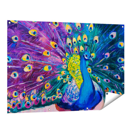 Tuinposter vooraanzicht Pauw Met Kleurrijke Veren Van Olieverf - Abstract