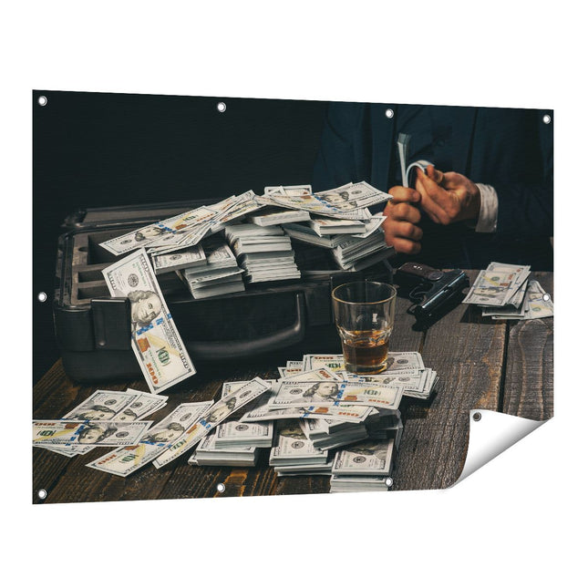 Tuinposter vooraanzicht Dollar Geld Briefjes Op Tafel Van De Maffia