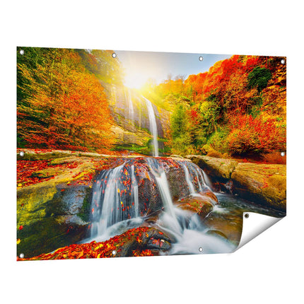 Tuinposter vooraanzicht Waterval In De Herfst Kleuren