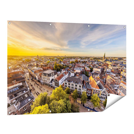 Tuinposter vooraanzicht Groningen Skyline Stad bij Zonsondergang