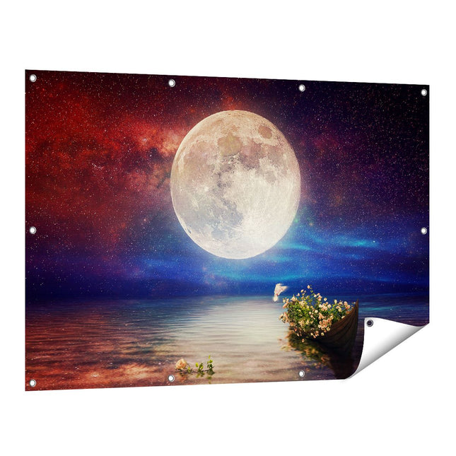Tuinposter vooraanzicht Volle Maan in de Hemel boven het Water