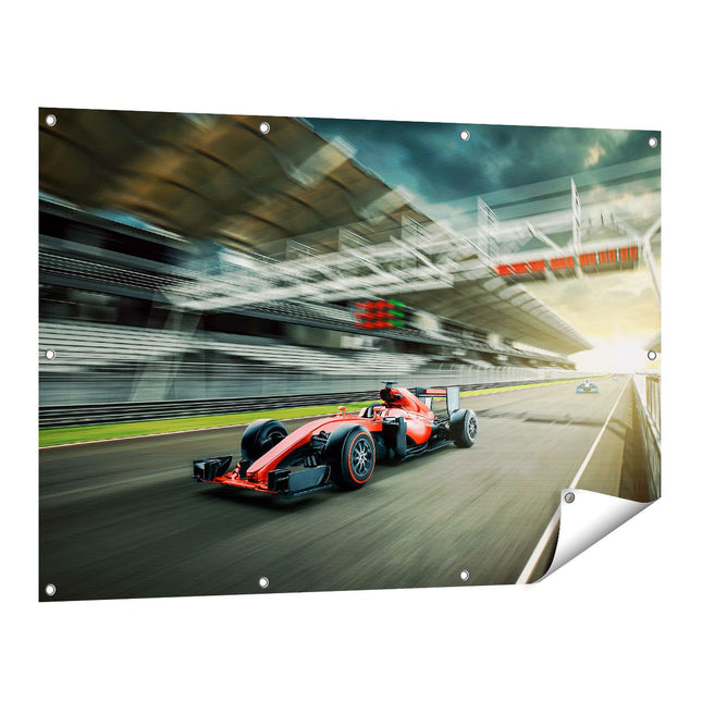 Tuinposter vooraanzicht Formule 1 Auto bij de Finish in het Rood