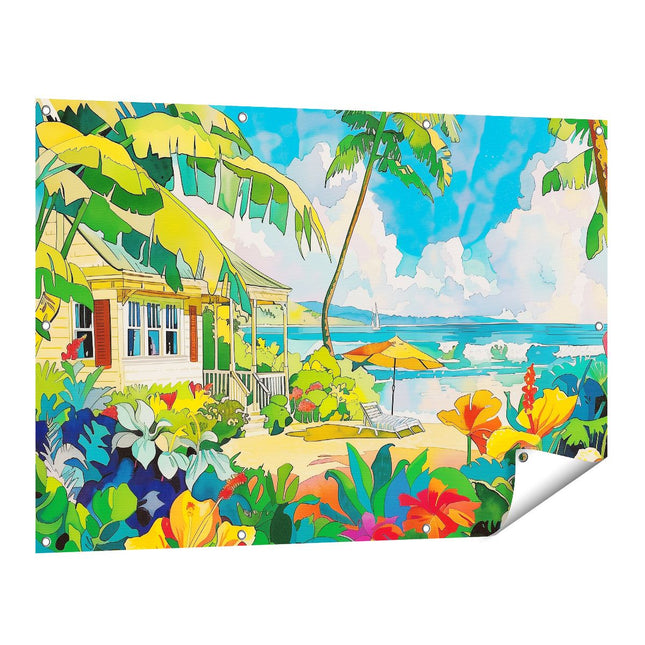 Tuinposter vooraanzicht Kleurrijk Kunstwerk van een Tropisch Huis op het Strand