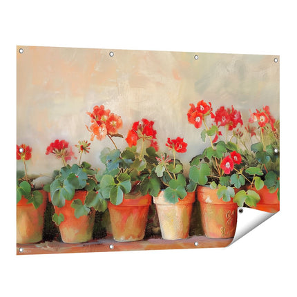 Tuinposter vooraanzicht Rode Geraniums in Potten