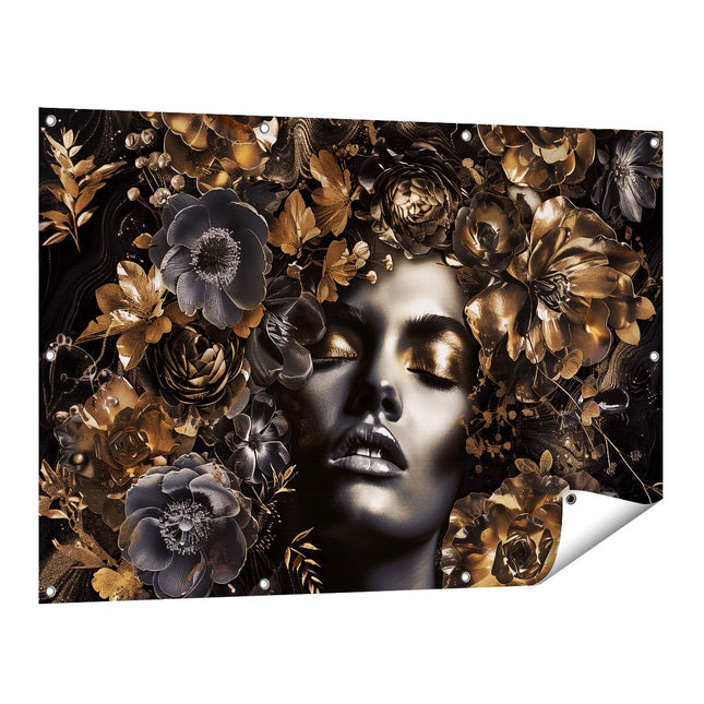 Tuinposter vooraanzicht Vrouw met Bloemen op haar Hoofd