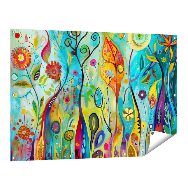 Tuinposter vooraanzicht Kleurrijk Abstract Kunstwerk van Bloemen en Bomen