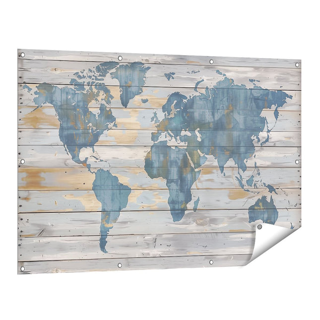 Tuinposter vooraanzicht Blauwe en Witte Wereldkaart op een Houten Plank