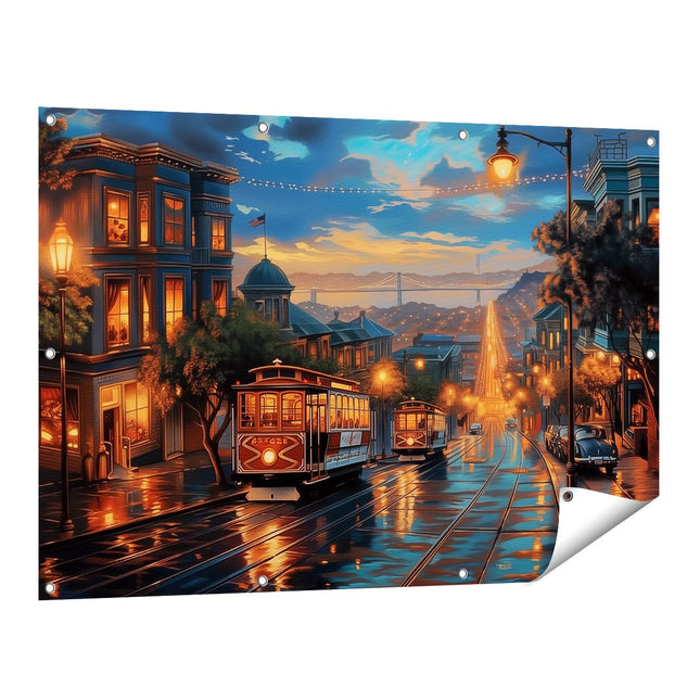 Tuinposter vooraanzicht Kunstwerk van een Straatbeeld met een Kabelbaan