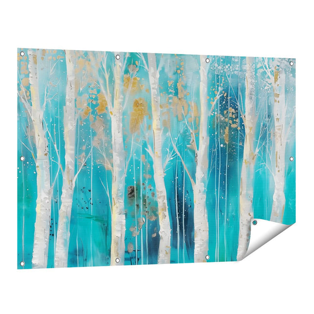 Tuinposter vooraanzicht Kunstwerk van Berkenbomen in Blauw en Goud