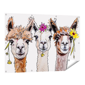 Tuinposter vooraanzicht Drie Lama's met Bloemen op hun Hoofd