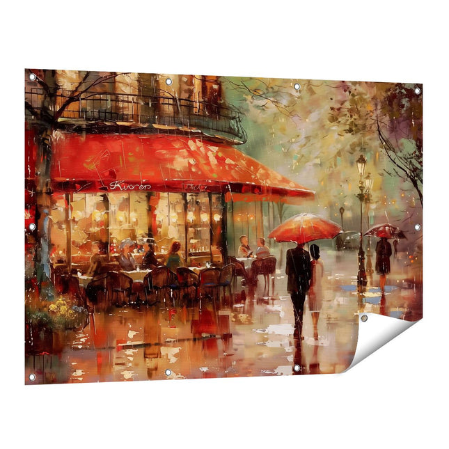 Tuinposter vooraanzicht Kunstwerk van een Stel dat in de Regen door een Straat loopt