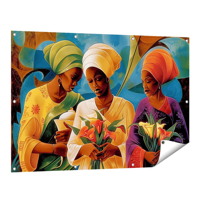 Tuinposter vooraanzicht Drie Vrouwen met Tulbanden die Bloemen Vasthouden