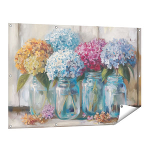 Tuinposter vooraanzicht Hortensia's in Glazen Potten
