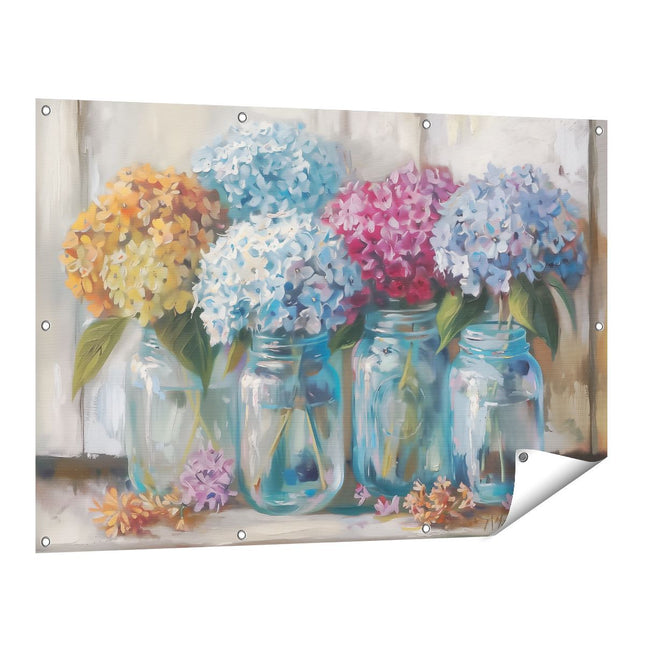 Tuinposter vooraanzicht Hortensia's in Glazen Potten