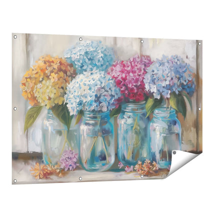 Tuinposter vooraanzicht Hortensia's in Glazen Potten