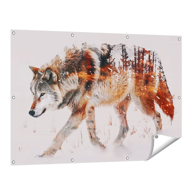Tuinposter vooraanzicht Wolf die in de Sneeuw loopt