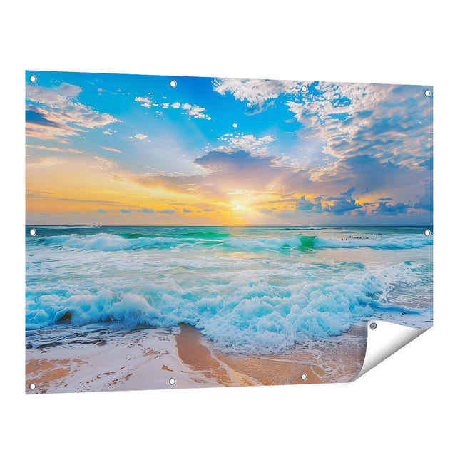 Tuinposter vooraanzicht De Zon gaat onder boven de Oceaan
