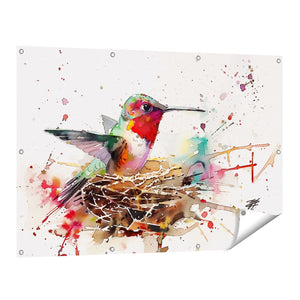 Tuinposter vooraanzicht Aquarelkunstwerk van een Kolibrie in een Nest