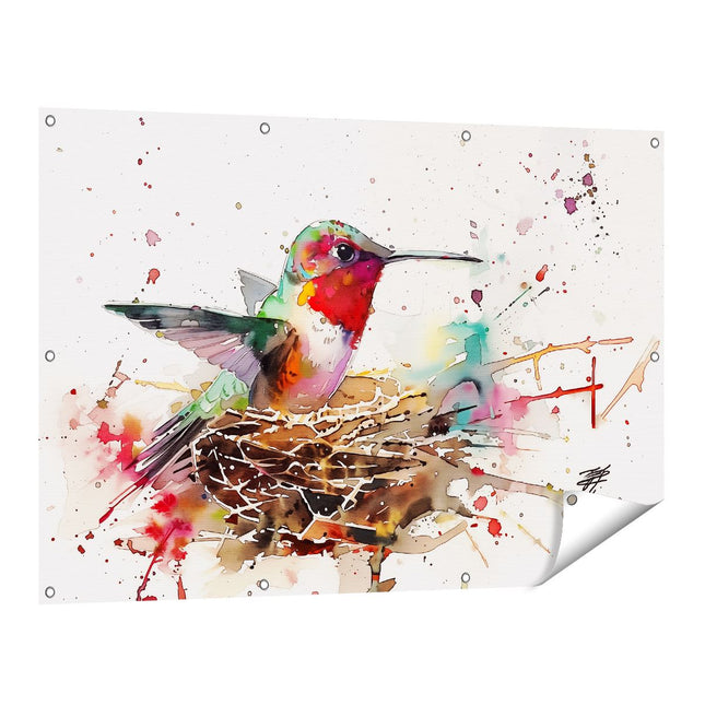 Tuinposter vooraanzicht Aquarelkunstwerk van een Kolibrie in een Nest