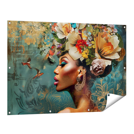 Tuinposter vooraanzicht Vrouw met Bloemen op haar Hoofd