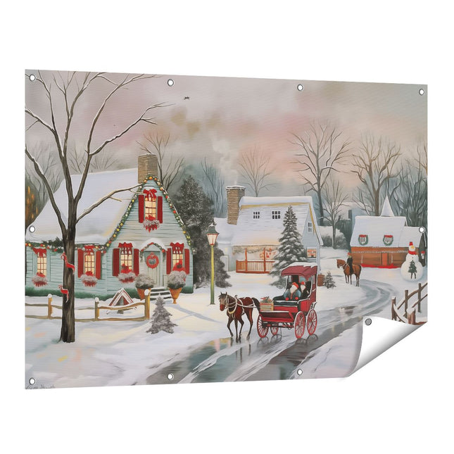 Tuinposter vooraanzicht Kunstwerk van een Kerstdorp met een Paardenkoets