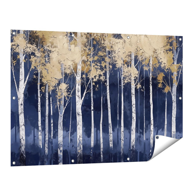 Tuinposter vooraanzicht Kunstwerk van Berkenbomen in Blauw en Goud