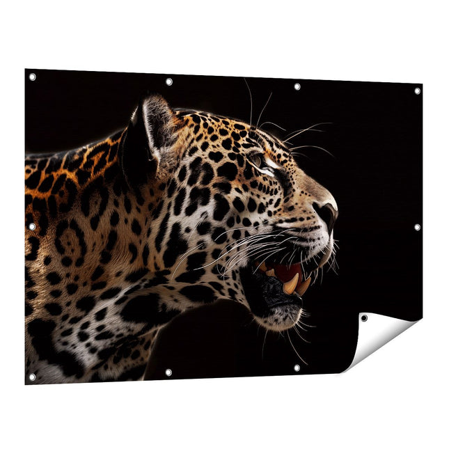 Tuinposter vooraanzicht Jaguar op een Zwarte Achtergrond