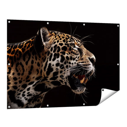 Tuinposter vooraanzicht Jaguar op een Zwarte Achtergrond
