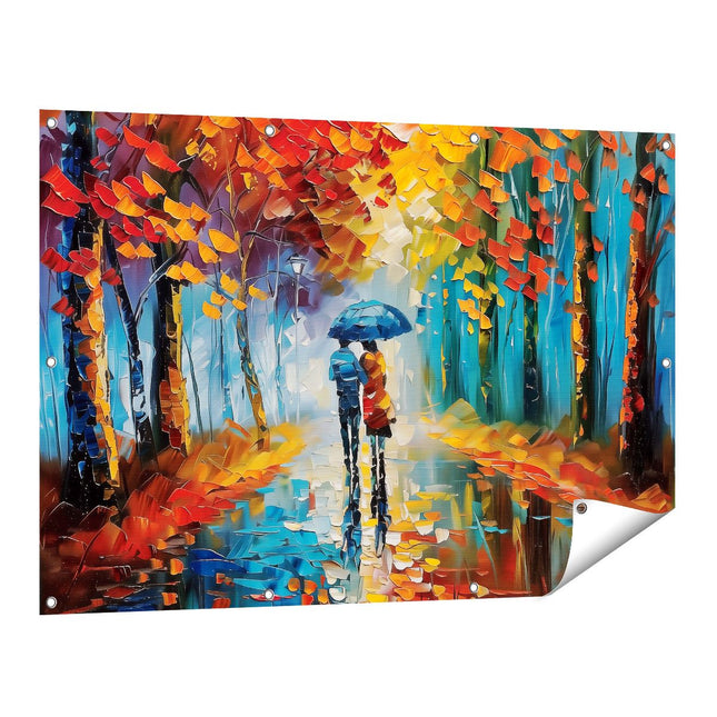 Tuinposter vooraanzicht Paar dat in de Regen loopt met een Paraplu