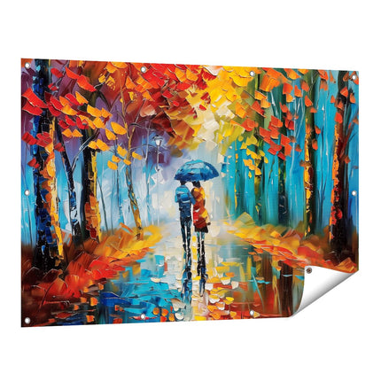Tuinposter vooraanzicht Paar dat in de Regen loopt met een Paraplu