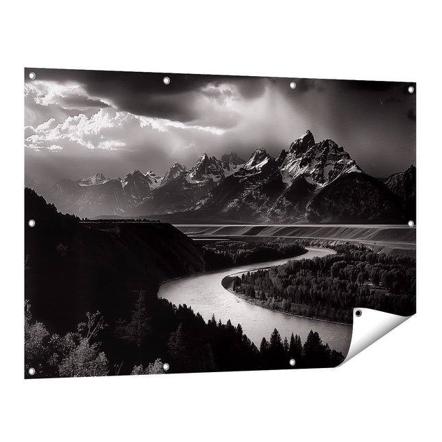 Tuinposter vooraanzicht Zwart Witfoto van de Grand Teton-Bergen