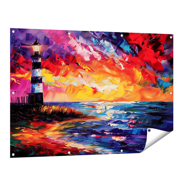Tuinposter vooraanzicht Kunstwerk van een Vuurtoren bij Zonsondergang