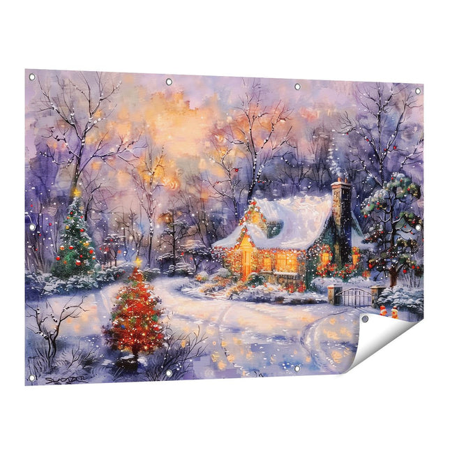 Tuinposter vooraanzicht Kunstwerk van een Kersthuisje in de Sneeuw