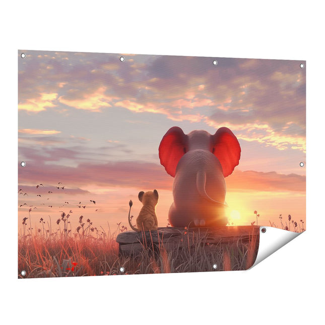 Tuinposter vooraanzicht Olifant en een Leeuw Kijken naar de Zonsondergang